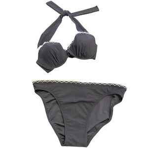 Vintage 90s Profile by Gottex Black Halter Bikini Scalloped Trim‎ Swim Size 10